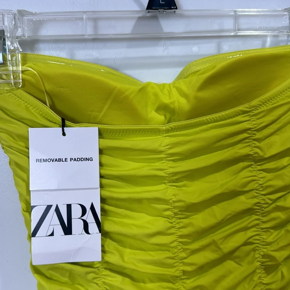*NEW* ZARA STRAPLESS NEON YELLOW RUCHED ONE PIECE SWIM SUIT SMALL - Picture 6 of 8
